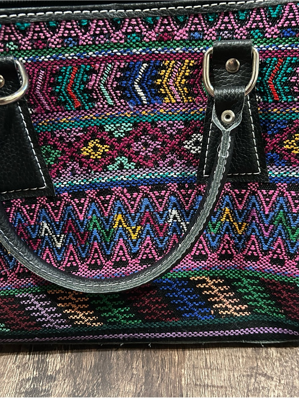 Embroidered Multicolor Tote Bag with Black Trim